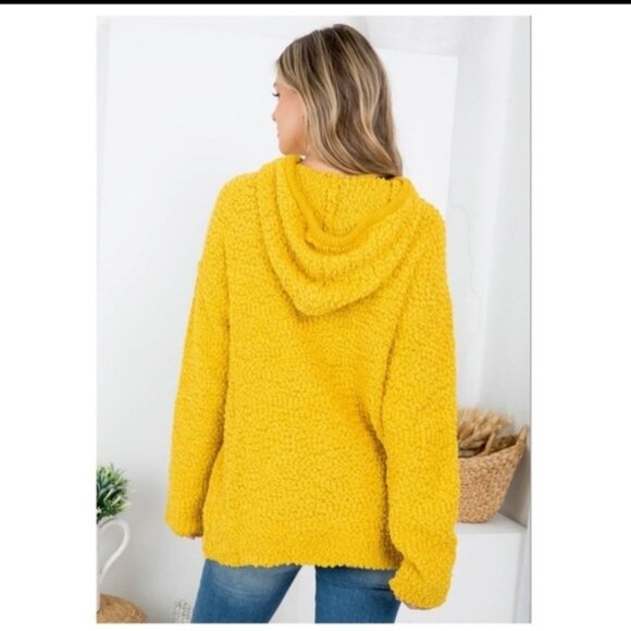 Womens Mustard Yellow Fuzzy Knit Hooded Pullover Sweater W/Drawstring & Long - Picture 4 of 7